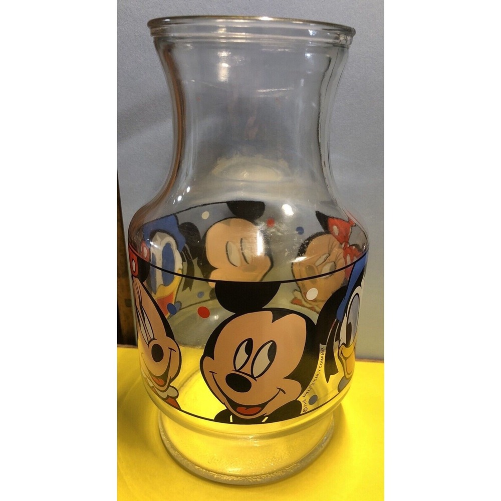 Vintage Disney Anchor Hocking Glass Carafe Pitcher Mickey Minnie Donald 9"